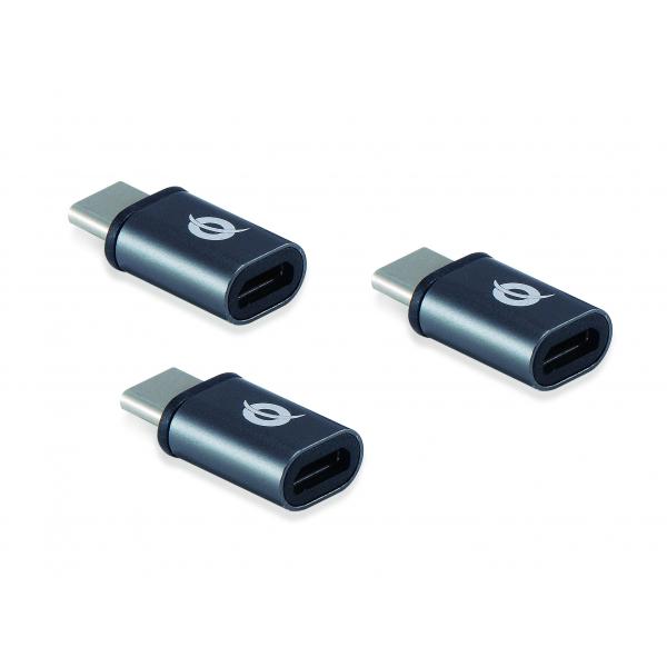 Conceptronic DONN05G USB-C naar micro-USB OTG-adapter, 3-pack, USB 2.0 type-C en micro, mannelijk/vrouwelijk, zwart