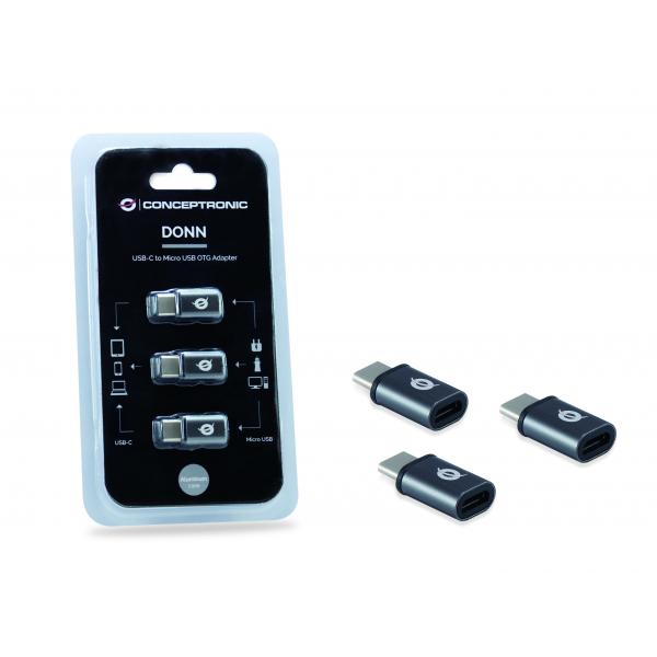 Conceptronic DONN05G USB-C naar micro-USB OTG-adapter, 3-pack, USB 2.0 type-C en micro, mannelijk/vrouwelijk, zwart