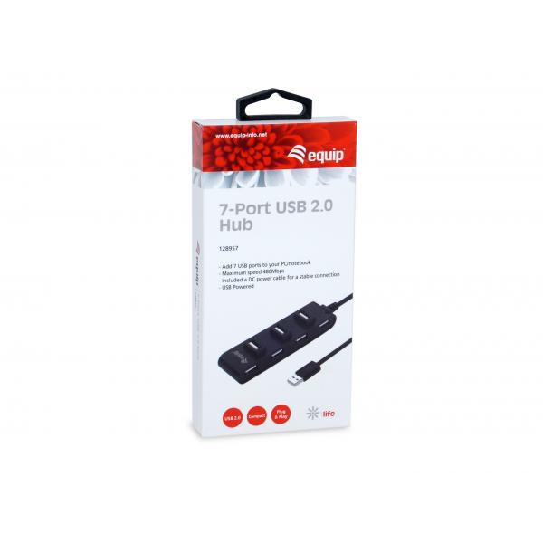 Equip 128957 7-Port USB 2.0 Hub, USB 2.0, USB 2.0, 480 Mbit/s, Black