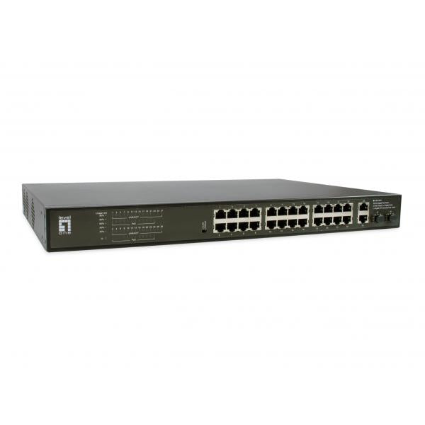 LevelOne GEP-2821 28-poorts Gigabit PoE-switch, 24x PoE-uitgangen, 2x Gigabit RJ45, 2x Gigabit SFP, 1U